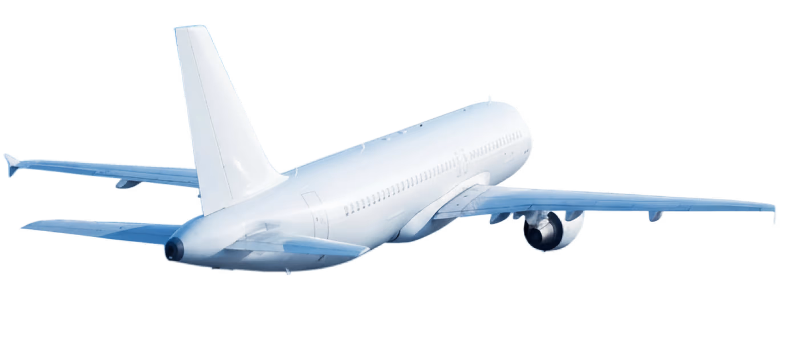 Weißes Passagierflugzeug, das nach rechts fliegt, vor schwarzem Hintergrund.