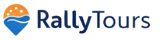 Rally Tours logo with stylized orange sun and blue map pin icon