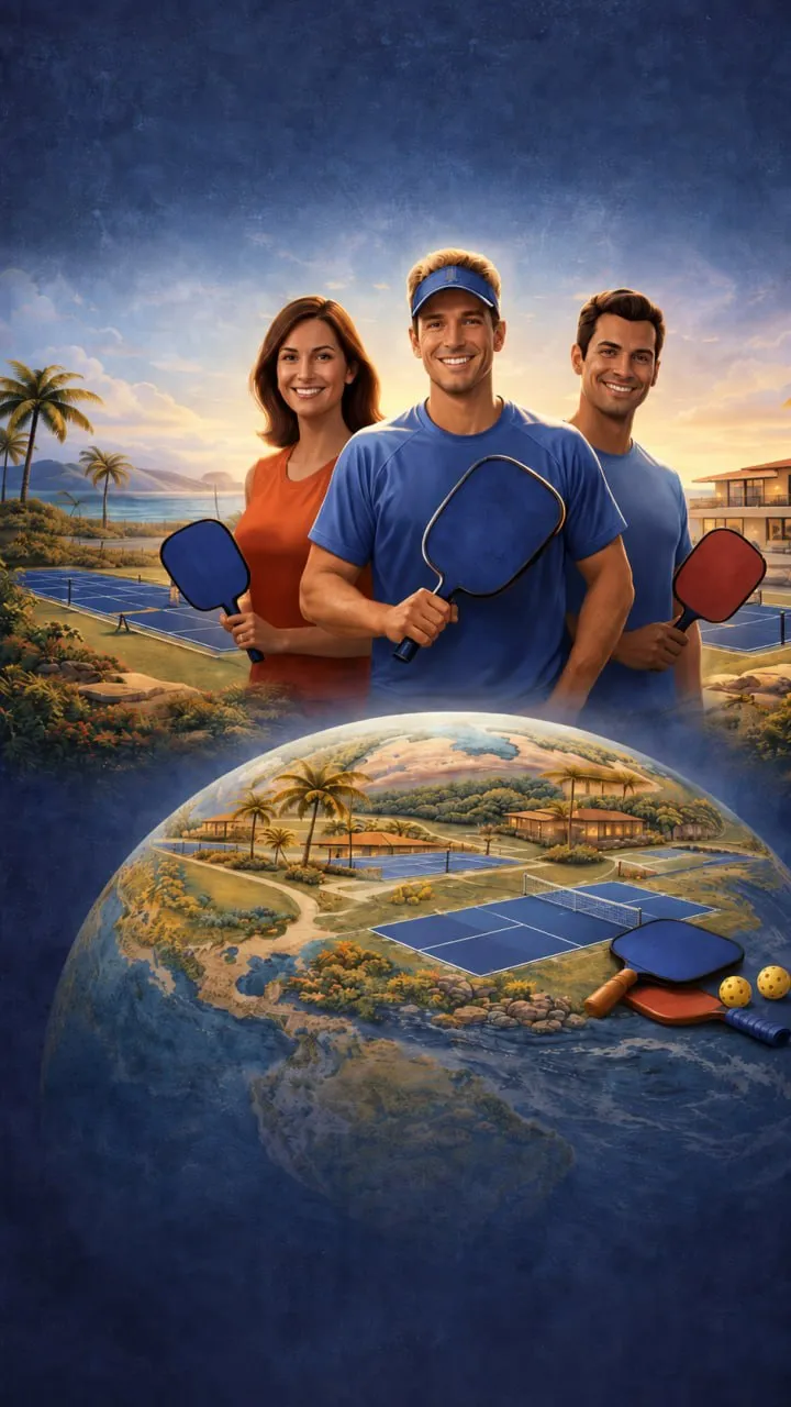 Three people holding pickleball paddles with a tropical pickleball court scene inside a globe below them.
