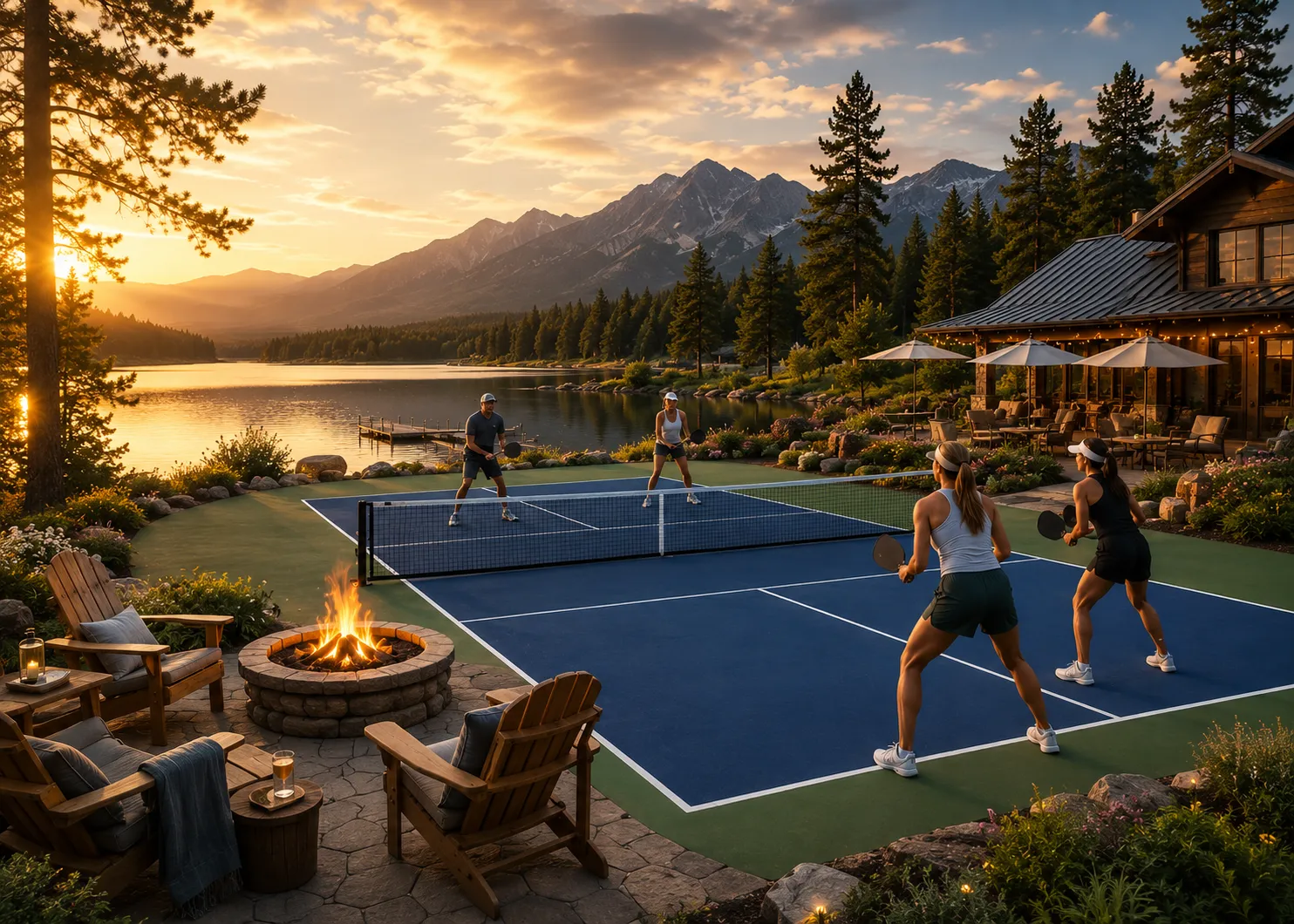 Two people sit by a fire pit near a lake with paddle tennis courts and cabins at sunset.