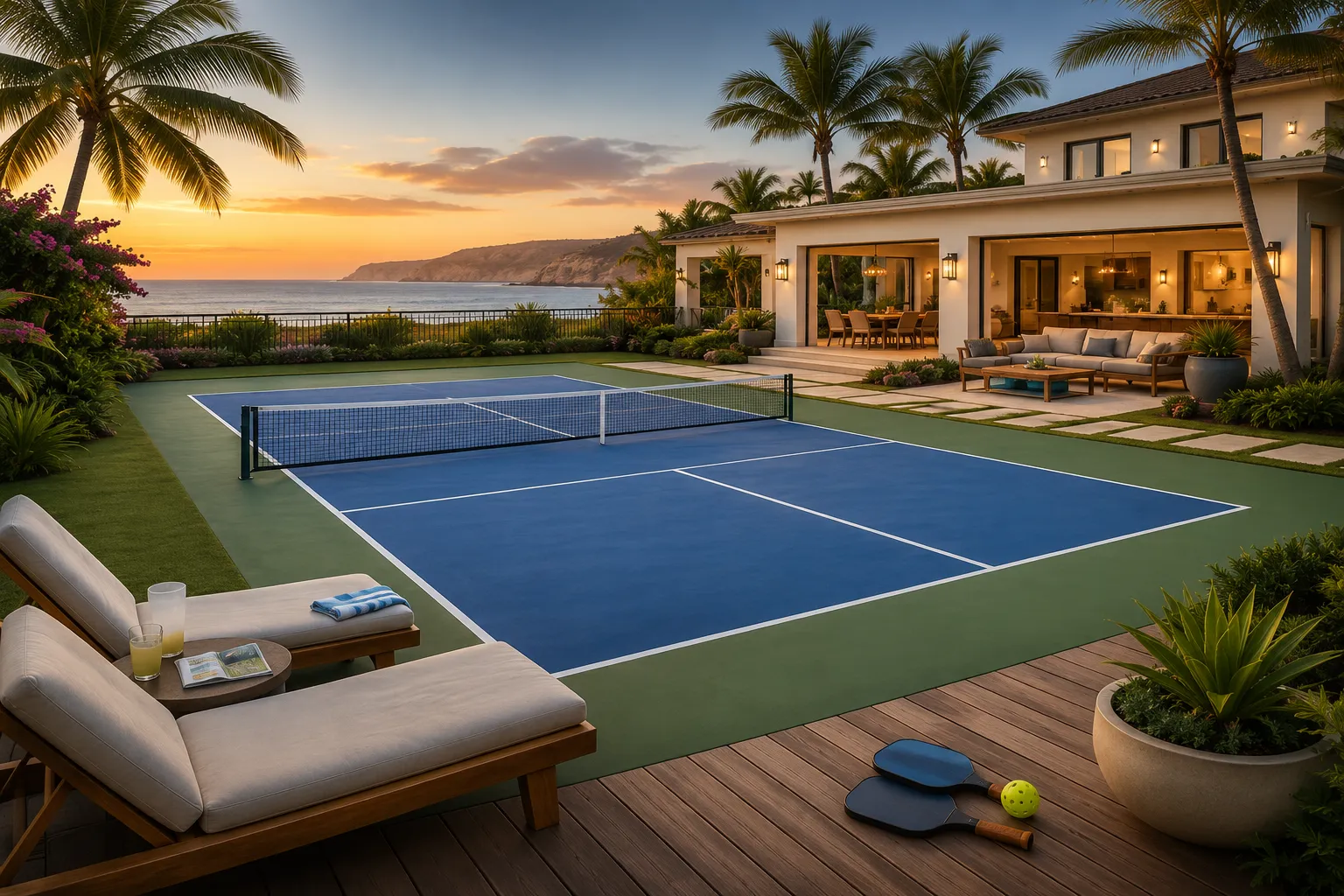 Private outdoor blue pickleball court by a luxury beachside house at sunset with seating and palm trees.