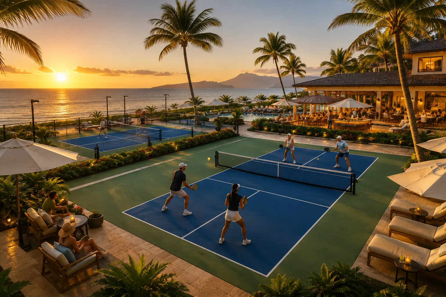 Resort outdoor area with palm trees, lounge chairs, and four blue pickleball courts at sunset.