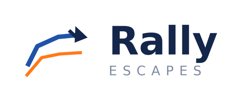 Rally Escapes logo with two ascending lines and an arrow pointing right.