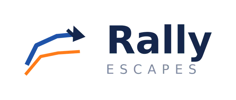 Rally Escapes logo with two ascending lines and an arrow pointing right.