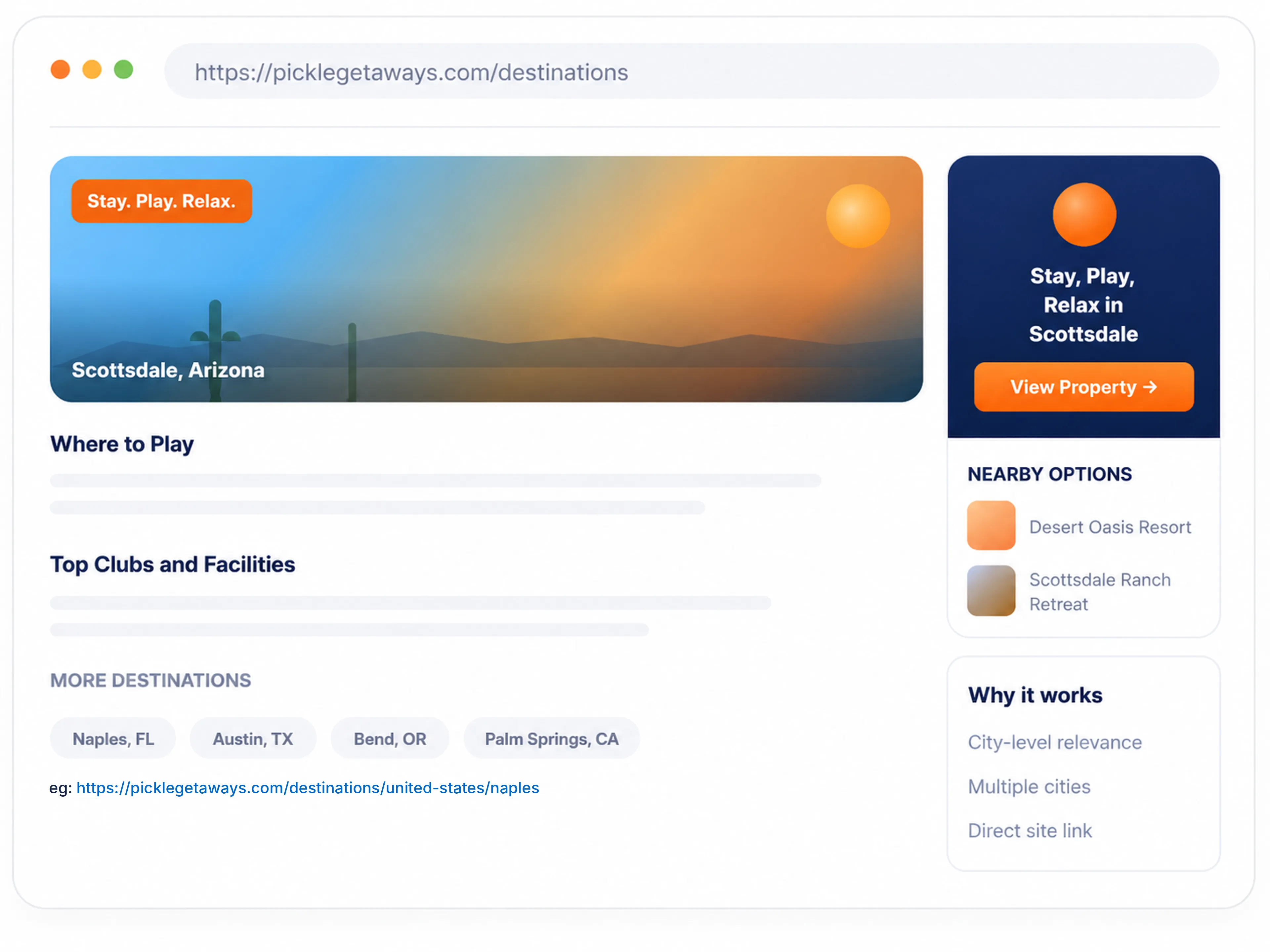 Webpage showing Scottsdale, Arizona destination with desert landscape and nearby resorts listed.