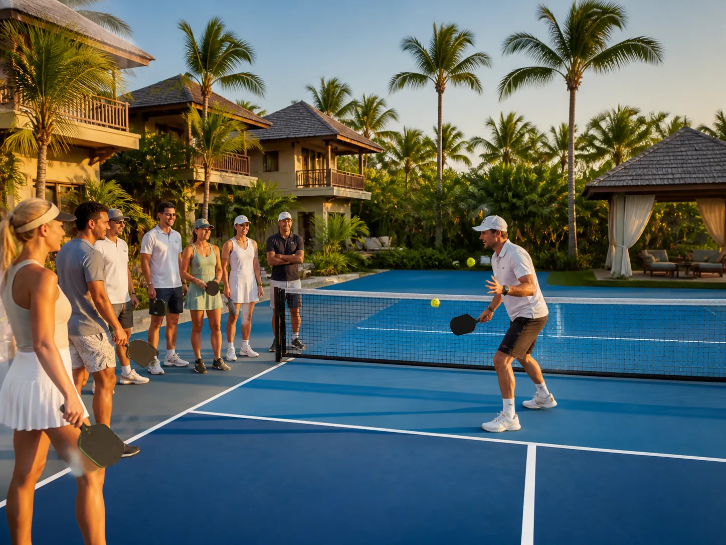Group of people playing pickleball on blue court surrounded by palm trees and tropical buildings.