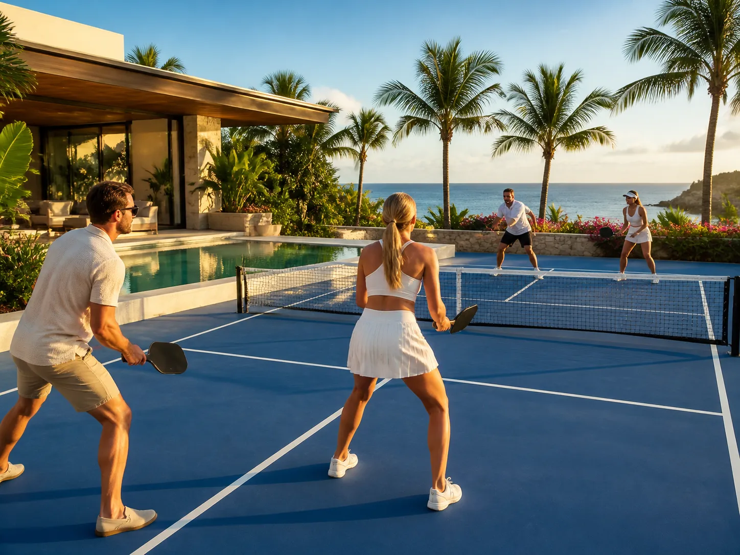 Four adults playing pickleball on an outdoor court near a pool with palm trees and ocean in the background.