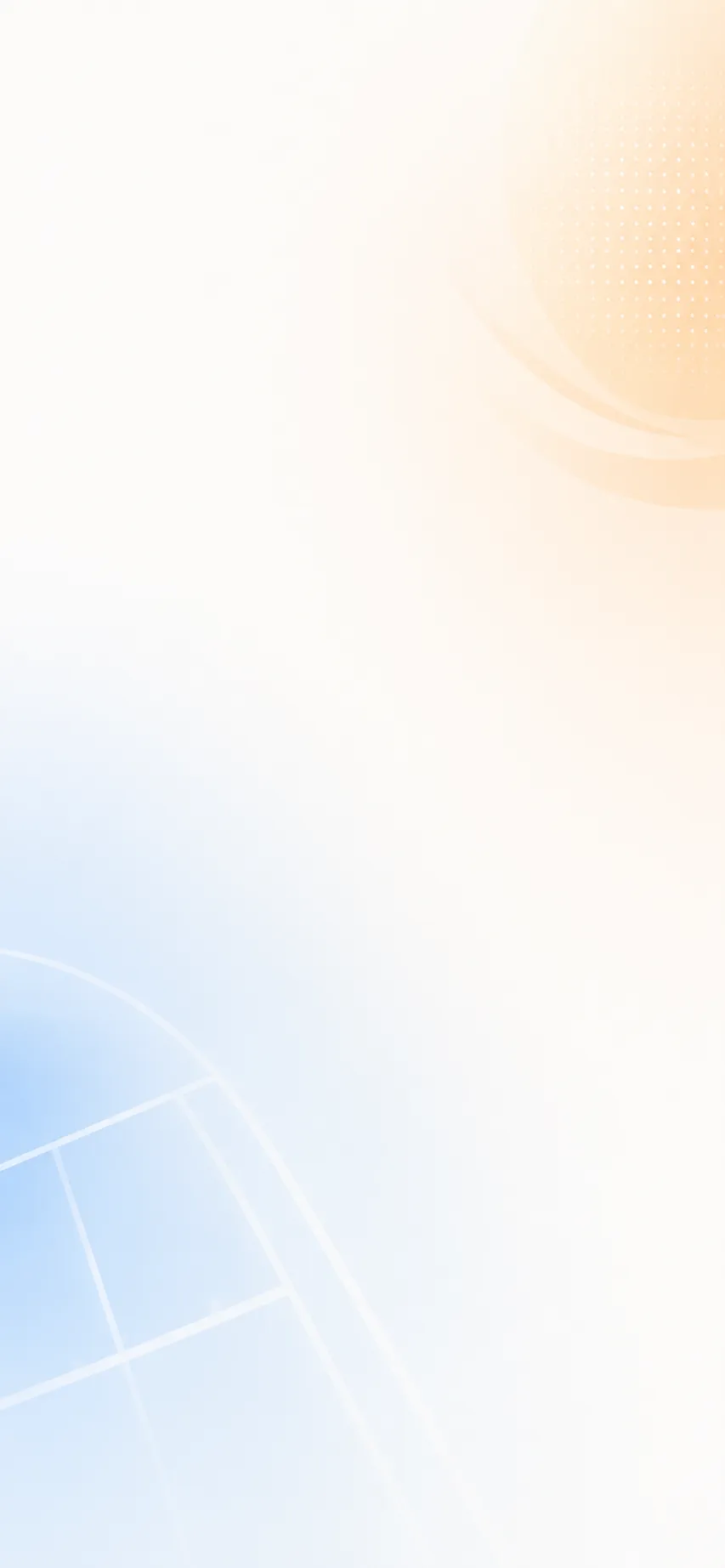 Soft gradient background with faint blue and orange globe grid shapes fading into white.