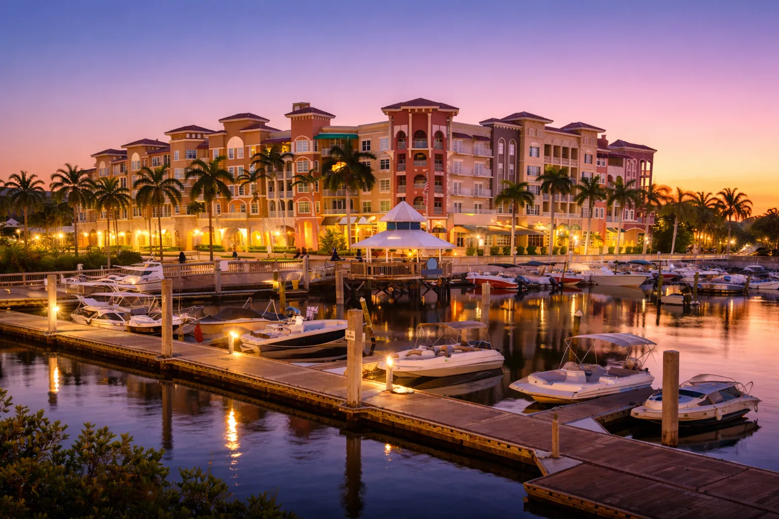 Marina with boats docked and a multi-story building with palm trees at sunset.