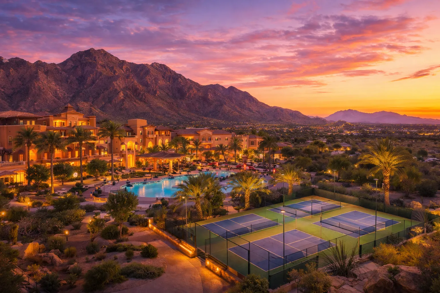 Resort with lit pool and tennis courts at sunset with mountains and colorful sky in background.