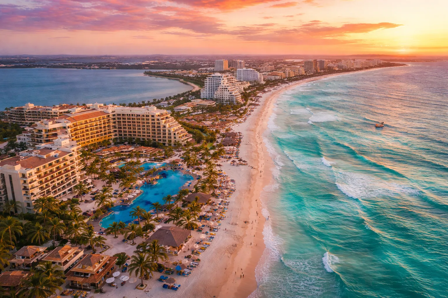 Aerial view of beach resorts and turquoise ocean at sunset with a boat near shore.