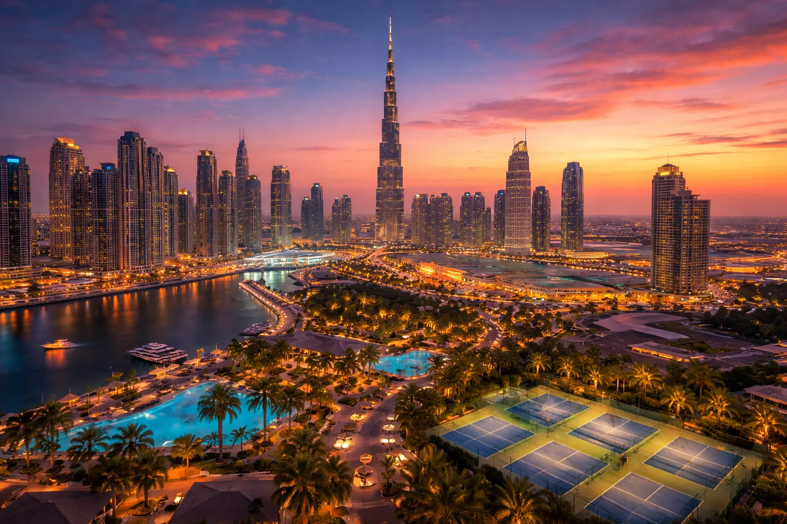 Dubai skyline at sunset with Burj Khalifa, lit tennis courts, pools, and waterfront cityscape.