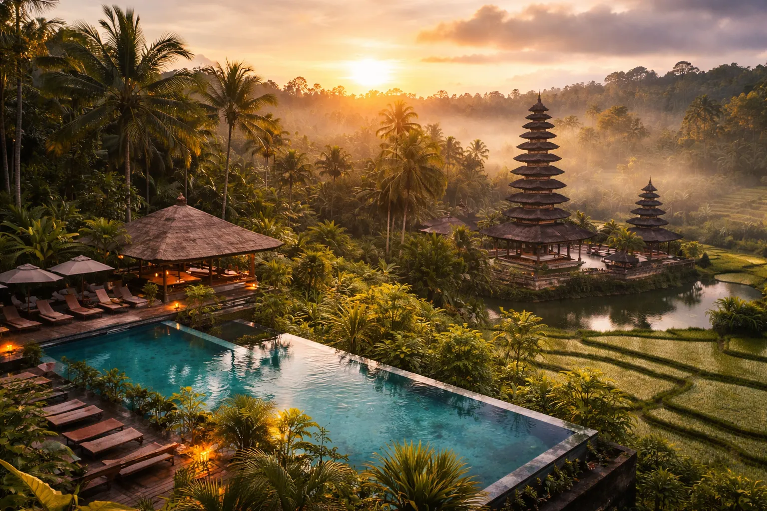 Sunset over a tropical pool and lush greenery with traditional Balinese pagoda temples in the background.
