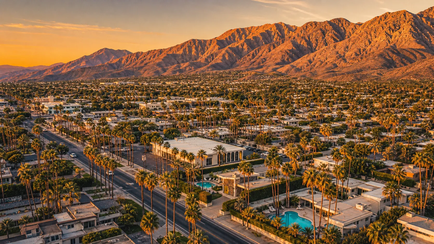 Aerial view of a desert city with palm trees, houses, pools, and mountains at sunset.