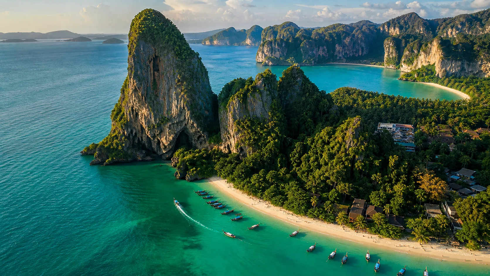 Tropical beach with turquoise water, limestone cliffs, and boats lined along the shore.