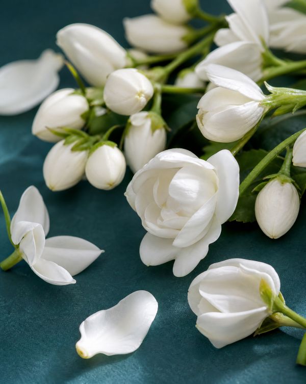 Cluster of delicate white jasmine flowers and buds on a dark green surface with a fallen petal.