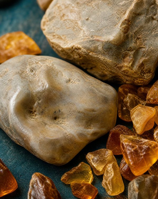 Close-up of smooth ambergris stones surrounded by small translucent amber-colored resin pieces.