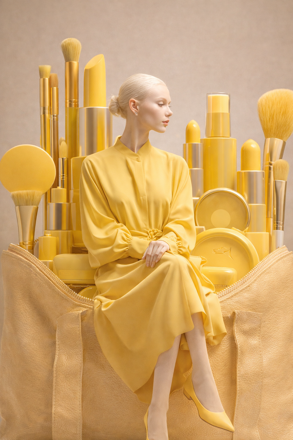 Woman in yellow dress and shoes sitting in front of large yellow makeup brushes and cosmetics inside an open beige makeup bag.