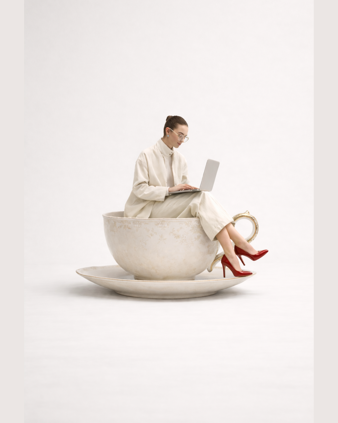 Woman in cream outfit and red heels sitting inside a giant teacup using a laptop.