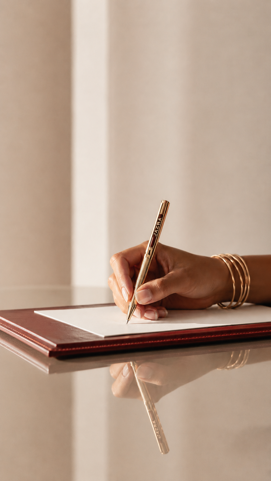 JAZRA branded pen on a founder strategy desk for brand direction and rulebook planning