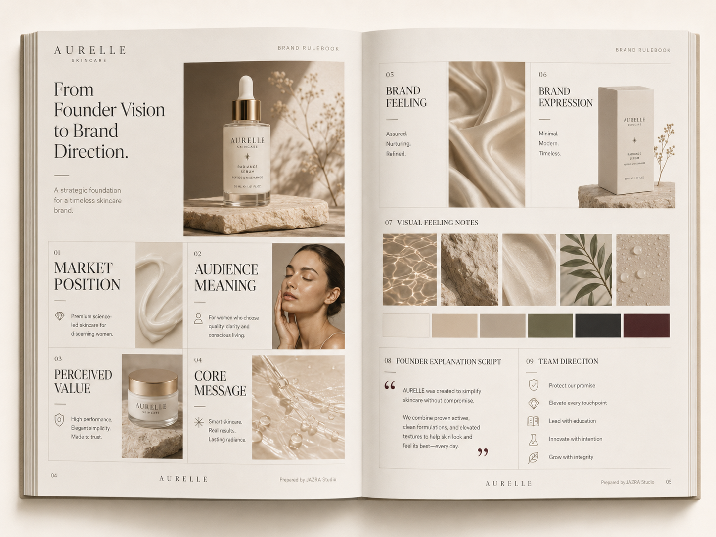 Founder Brand Rulebook preview showing brand positioning, audience meaning, perceived value, messaging, visual direction and team alignment