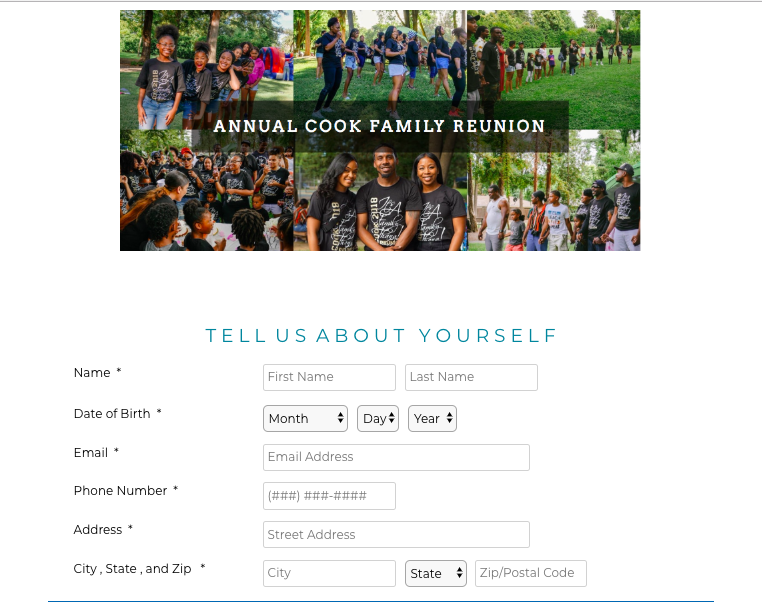 Example family reunion registration page