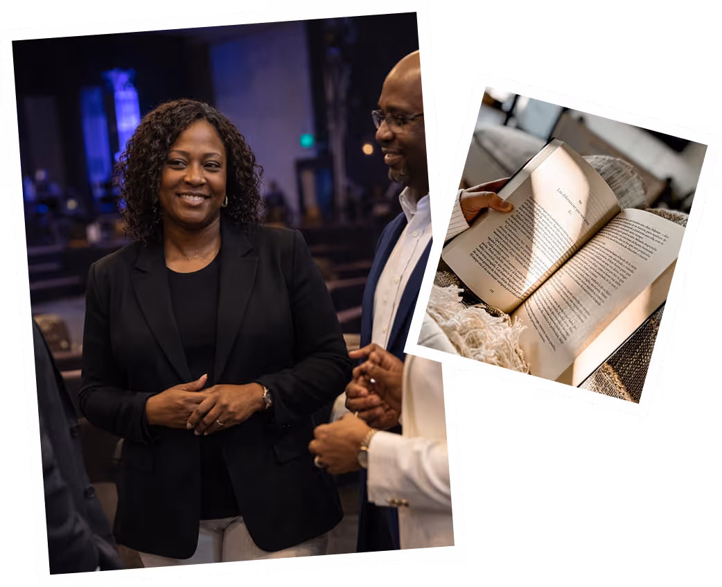 A woman in a black blazer smiling and talking with two men in a dimly lit indoor setting, alongside a smaller photo of an open book being read.