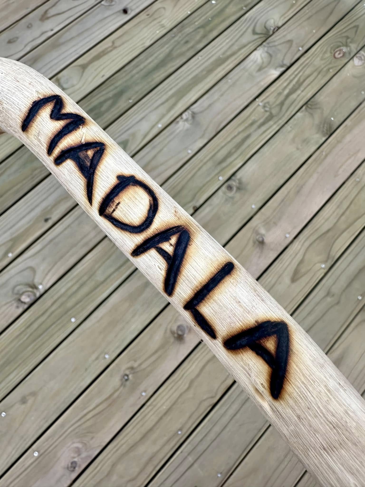 Handmade walking stick from wattle wood, personalised for Madala