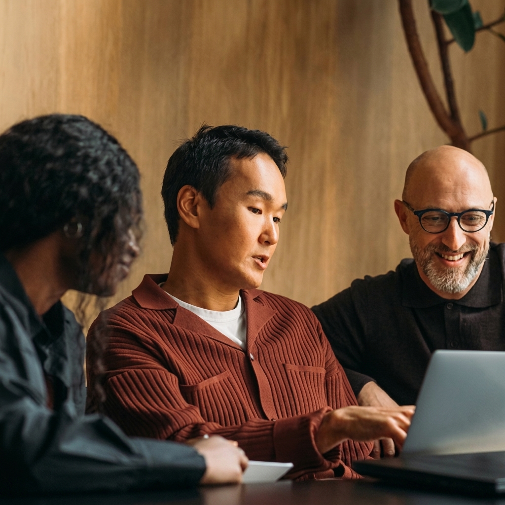 Three colleagues reviewing work together on a laptop