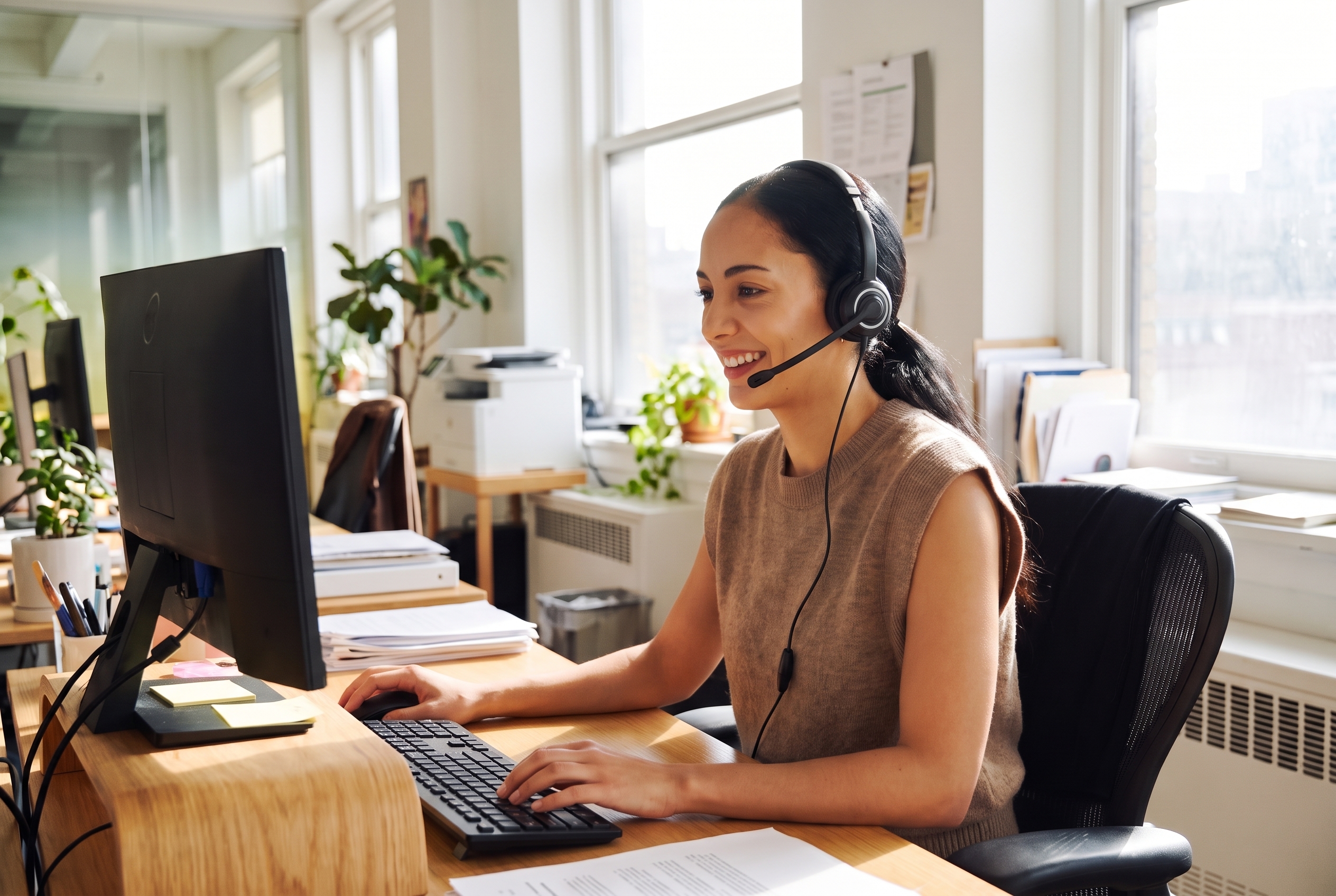 A specialist talking on a headset at her desk