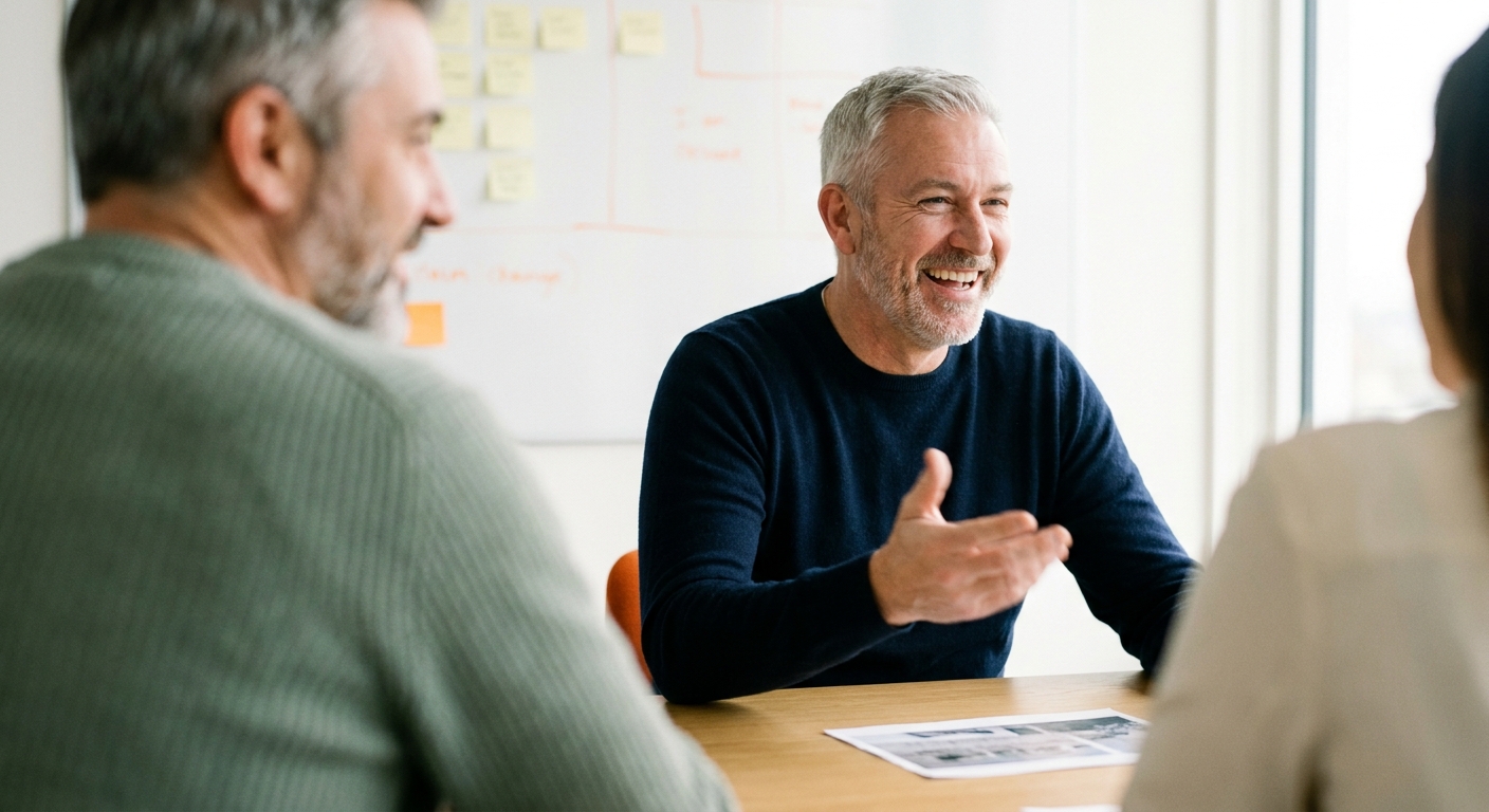 Colleagues discussing a plan together around a table