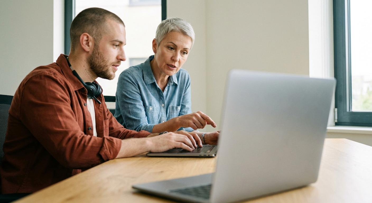 Two colleagues reviewing a laptop together at their workstation