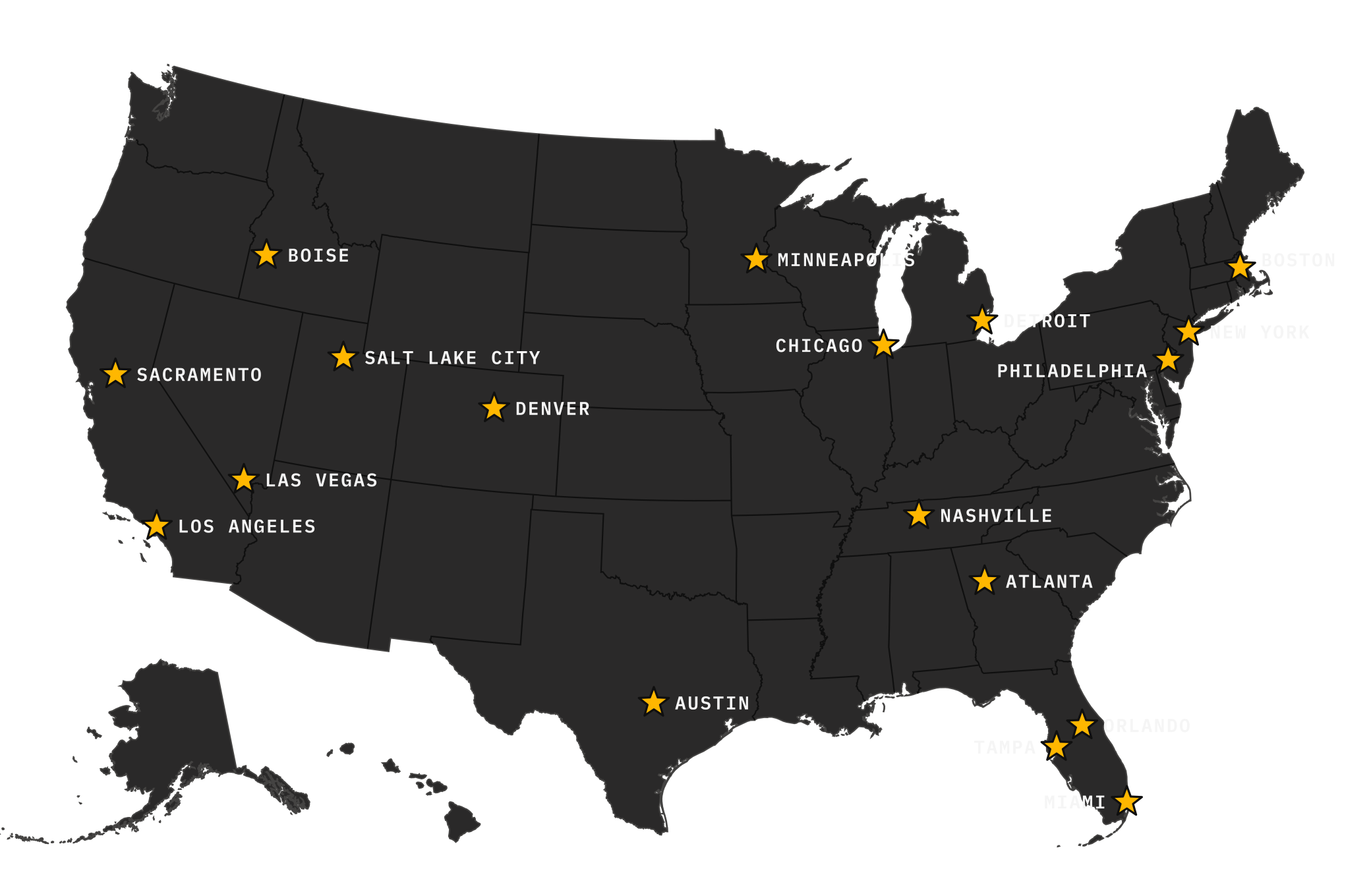 Map of US cities where 4Five staffs events: Los Angeles, Sacramento, Las Vegas, Boise, Salt Lake City, Denver, Austin, Minneapolis, Chicago, Detroit, Nashville, Atlanta, Tampa, Orlando, Miami, Philadelphia, New York and Boston