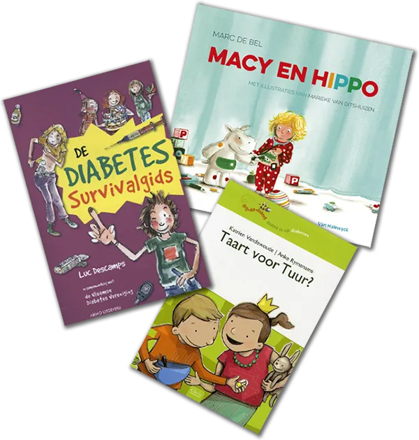 Drie kinderboeken met illustraties op een witte achtergrond: 'De Diabetes Survivalgids' met vrolijke tekeningen van kinderen, 'Macy en Hippo' met een meisje en een witte knuffelhippo, en 'Taart voor Tuur?' met twee kinderen, waarvan een meisje met een kroon en een knuffelkonijn.
