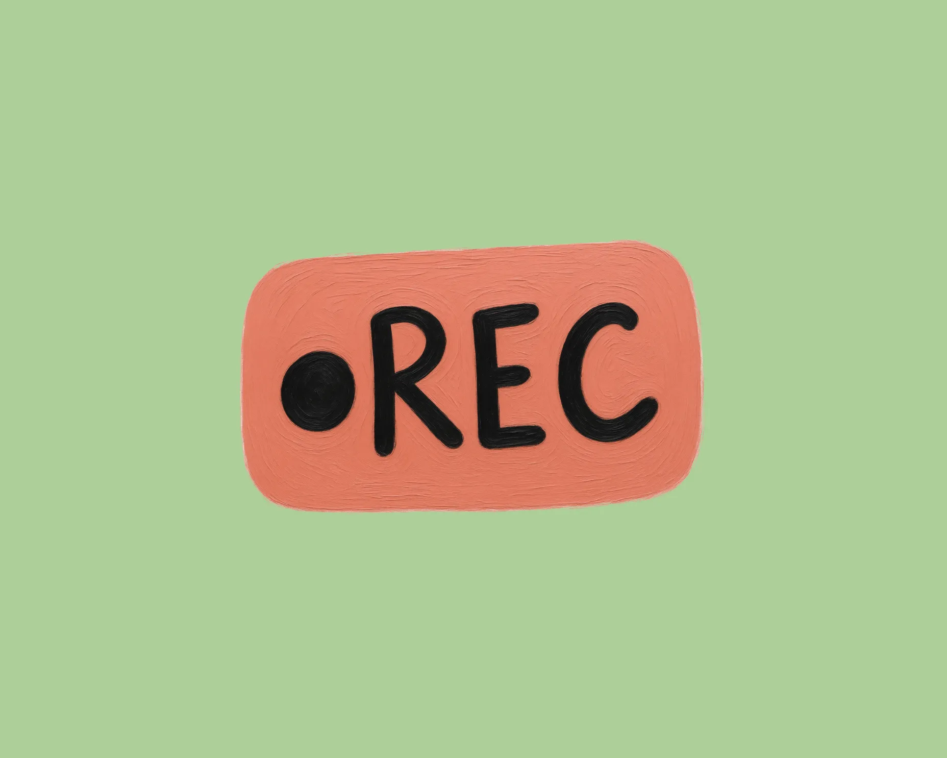 Een oranje opnameknop met afgeronde hoeken en de zwarte letters REC met een zwart rondje links op een groene achtergrond.