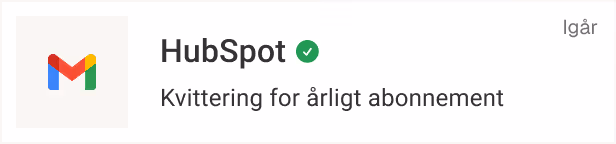 E-mailkvittering, der viser en årlig HubSpot-abonnementsfornyelse markeret som modtaget i går