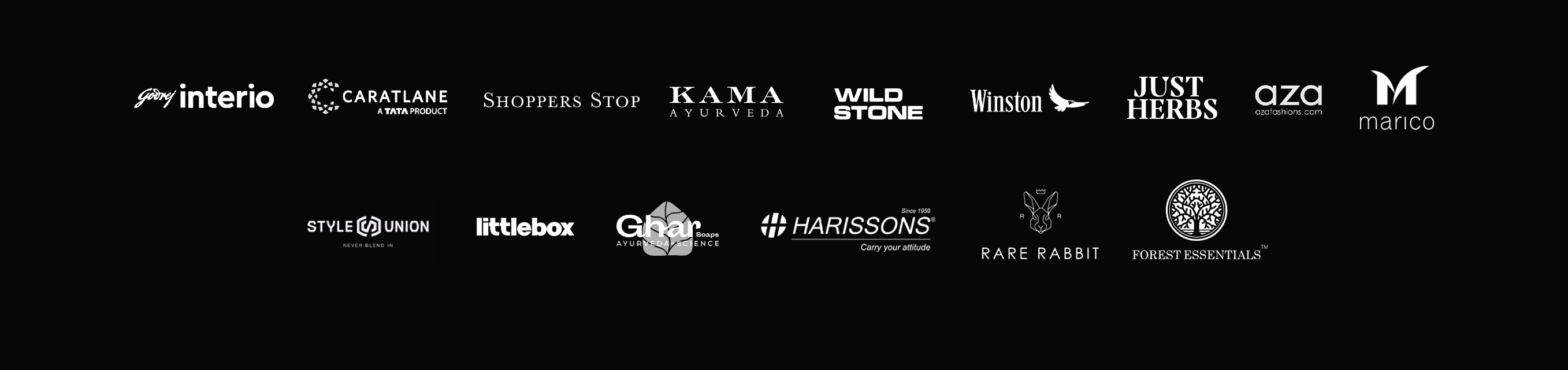 Brand logos - Godrej Interio, Caratlane, Shoppers Stop, Kama Ayurveda, Wild Stone, Winston, Just Herbs, aza, Marico, Style Union, littlebox, Ghar Soaps, Harissons, Rare Rabbit, Forest Essentials