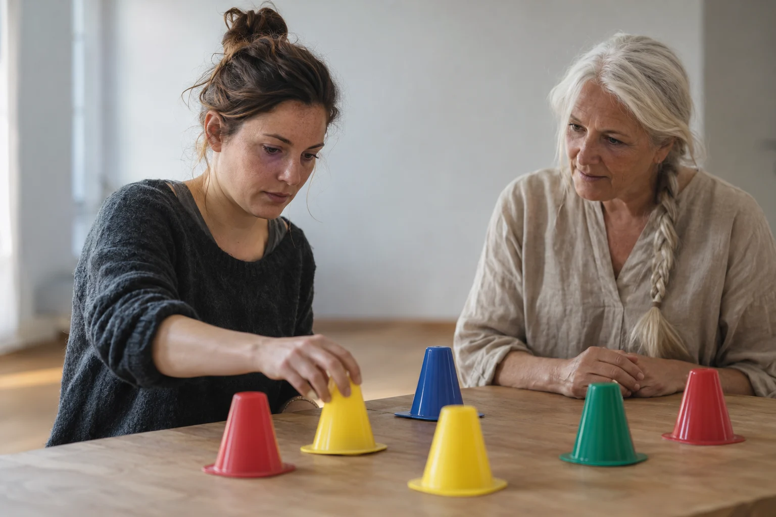 Junge Frau greift bei einer Koordinationsübung nach farbigen Kegeln