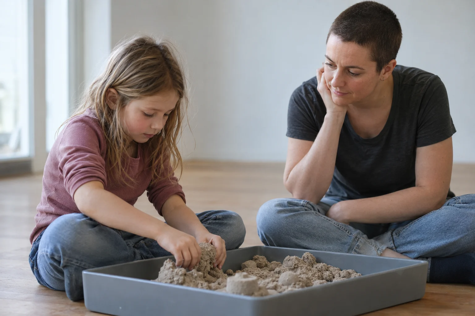 Kind spielt ruhig mit kinetischem Sand, die Therapeutin sitzt mit Abstand dabei