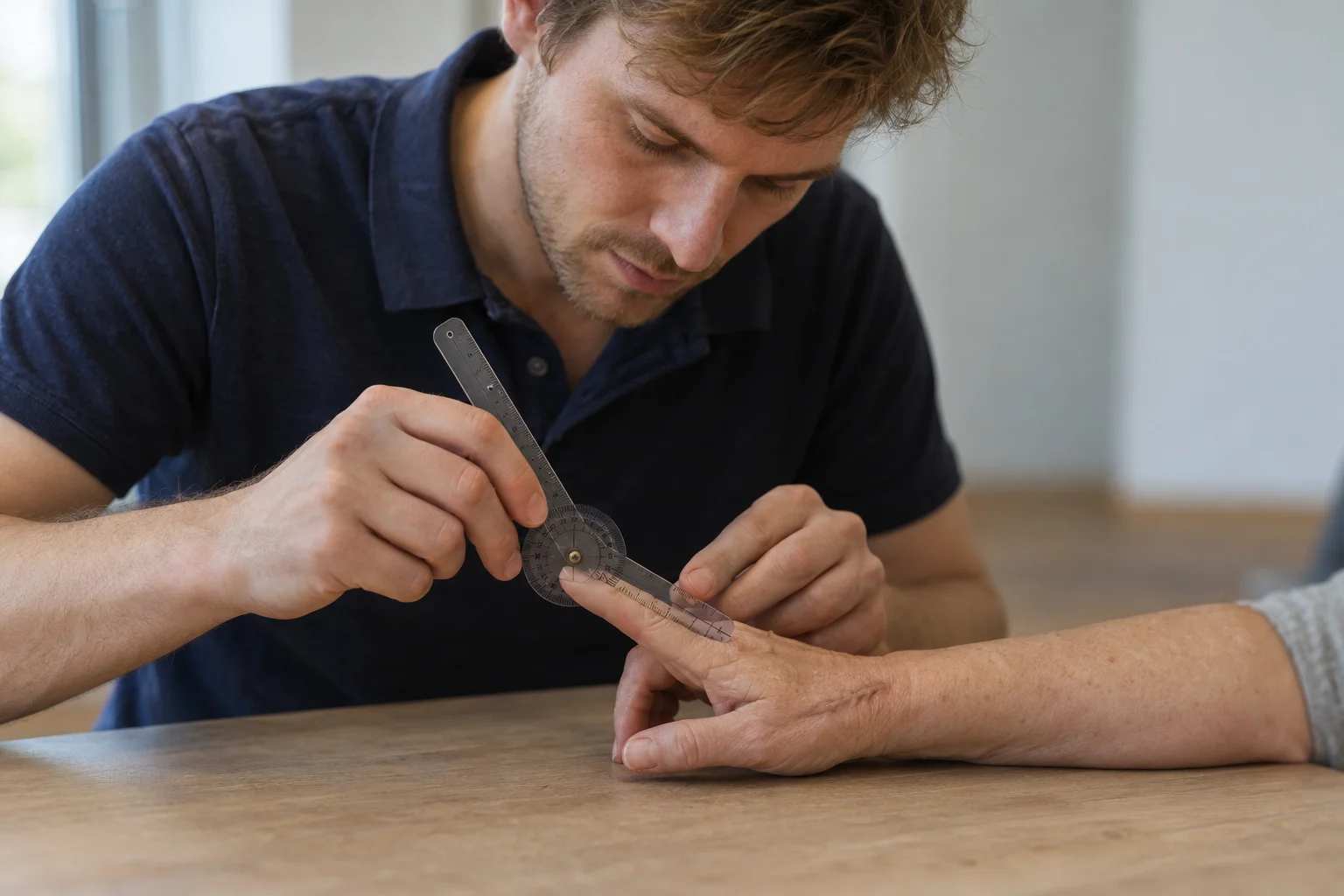 Therapeut misst die Fingerbeweglichkeit mit einem Goniometer