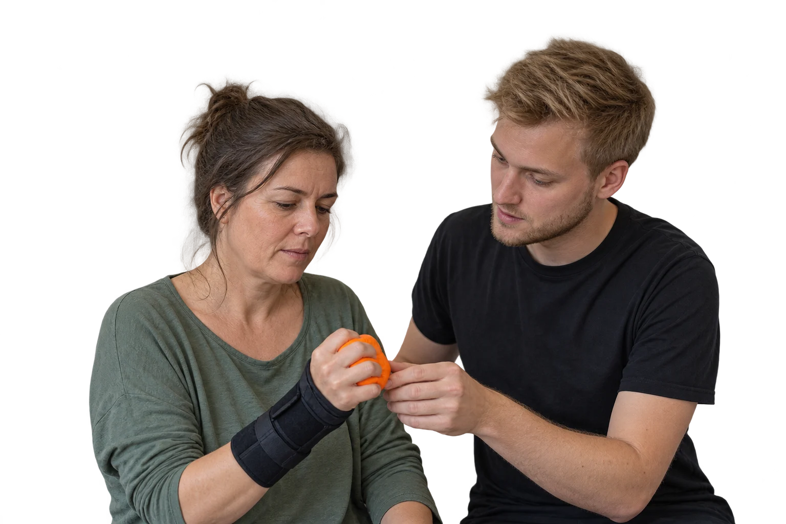 Therapeut führt die Finger einer Frau mit Handgelenksbandage bei einer Knetübung