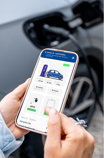 Smartphone displaying an app that shows an electric car charging status while connected to a charging station.