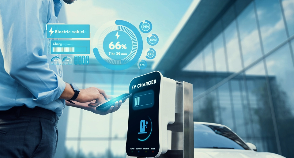 Person using smartphone near an EV charger station with digital display showing 66% charge and 7 hours 32 minutes remaining.