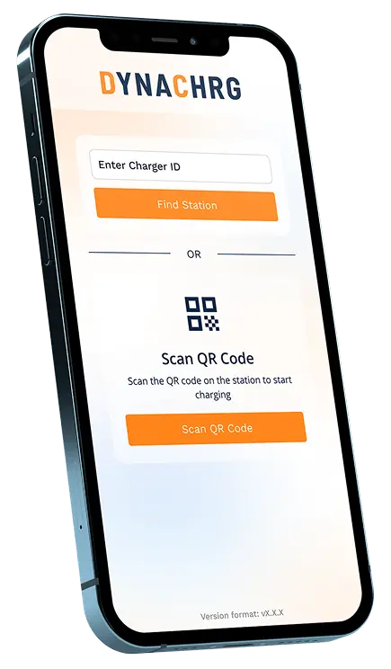 Smartphone screen displaying DYNA CHRG app with options to enter charger ID and find station or scan QR code to start charging.