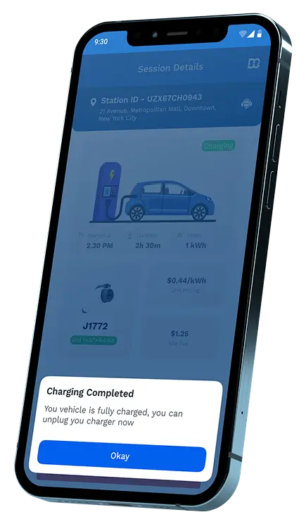 Smartphone screen showing electric vehicle charging session details and a notification saying charging is completed with an OK button.