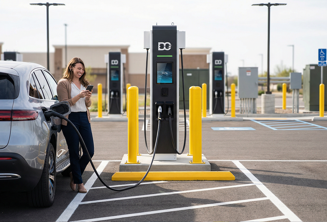 Woman standing beside a silver electric SUV, charging it at an outdoor EV charging station while using her smartphone.