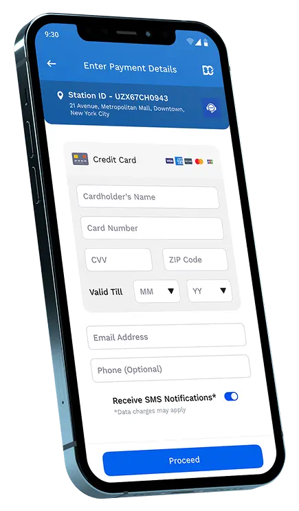 Smartphone screen displaying a payment form with fields for cardholder's name, card number, CVV, ZIP code, expiry date, email address, optional phone number, and an option to receive SMS notifications, with a blue 'Proceed' button at the bottom.