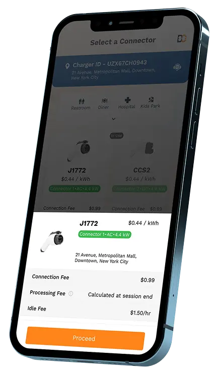 Smartphone displaying an electric vehicle charger selection interface showing charger ID, connector types J1772 and CCS2 with prices per kWh, fees, and a Proceed button.