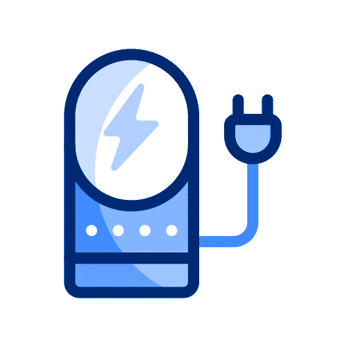 Blue electric vehicle charging station icon with a lightning bolt symbol and a power plug.