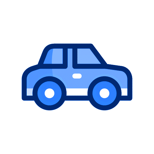 Blue cartoon-style car icon with two windows and two wheels.